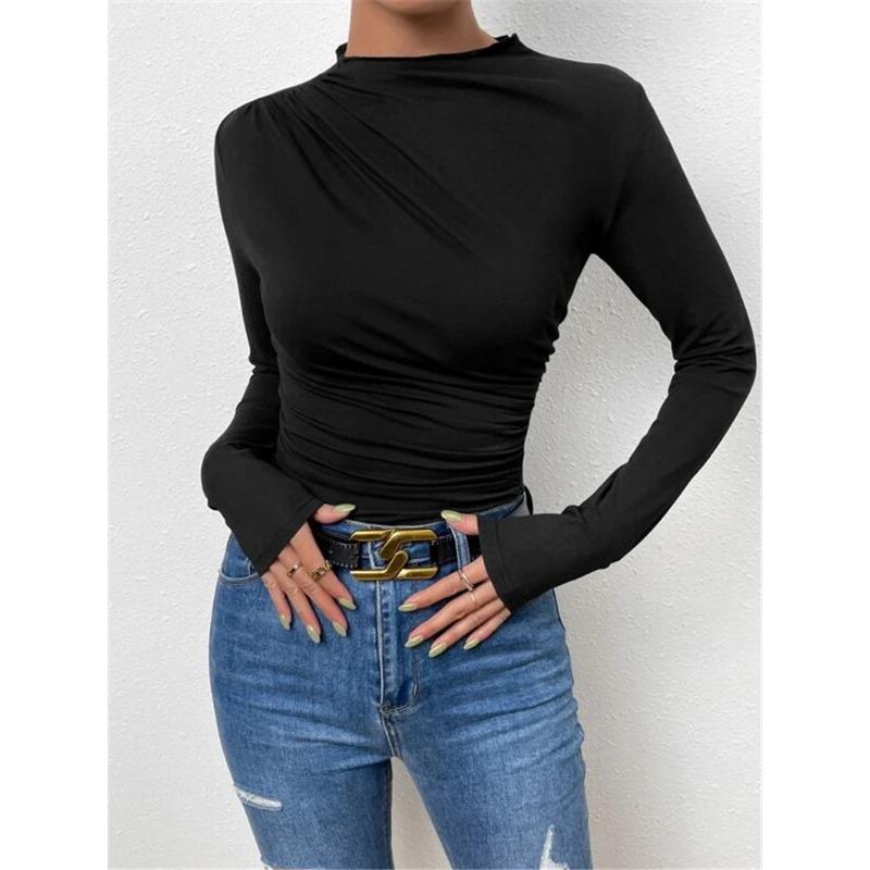 Women S Solid Slim Fit Long Sleeve T Shirt With Pleated Design