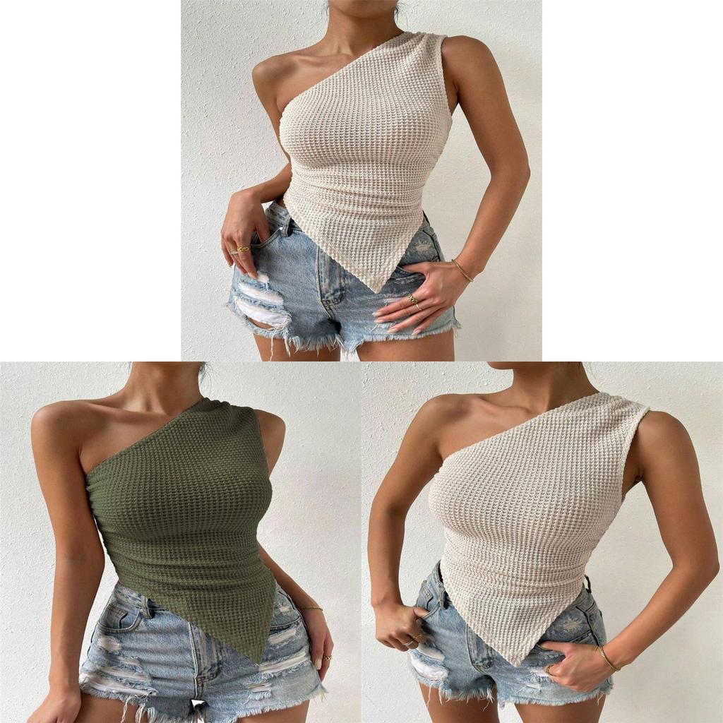 Streetwear Asymmetric Knit Tank Top With Scoop Neck For Spring Fashion