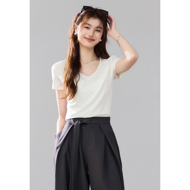 VICTORIA&VERA Women's Ribbed High-Stretch Mulberry Silk Short Sleeve T-Shirt