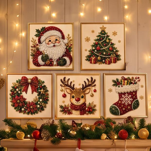 Christmas Pearl Diamond Painting Kit with Pre-Framed Canvas,  DIY Round Gemstone Beads Art Craft Set for Adults Beginners, Holiday Home Decor Wall Ar