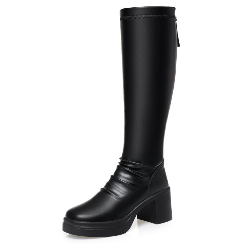 7cm Comfortable Block High Heel Leather Boots Women's Elegant Shoes Winter 2026 Black Warm Knee Long Riding Boots for Daily