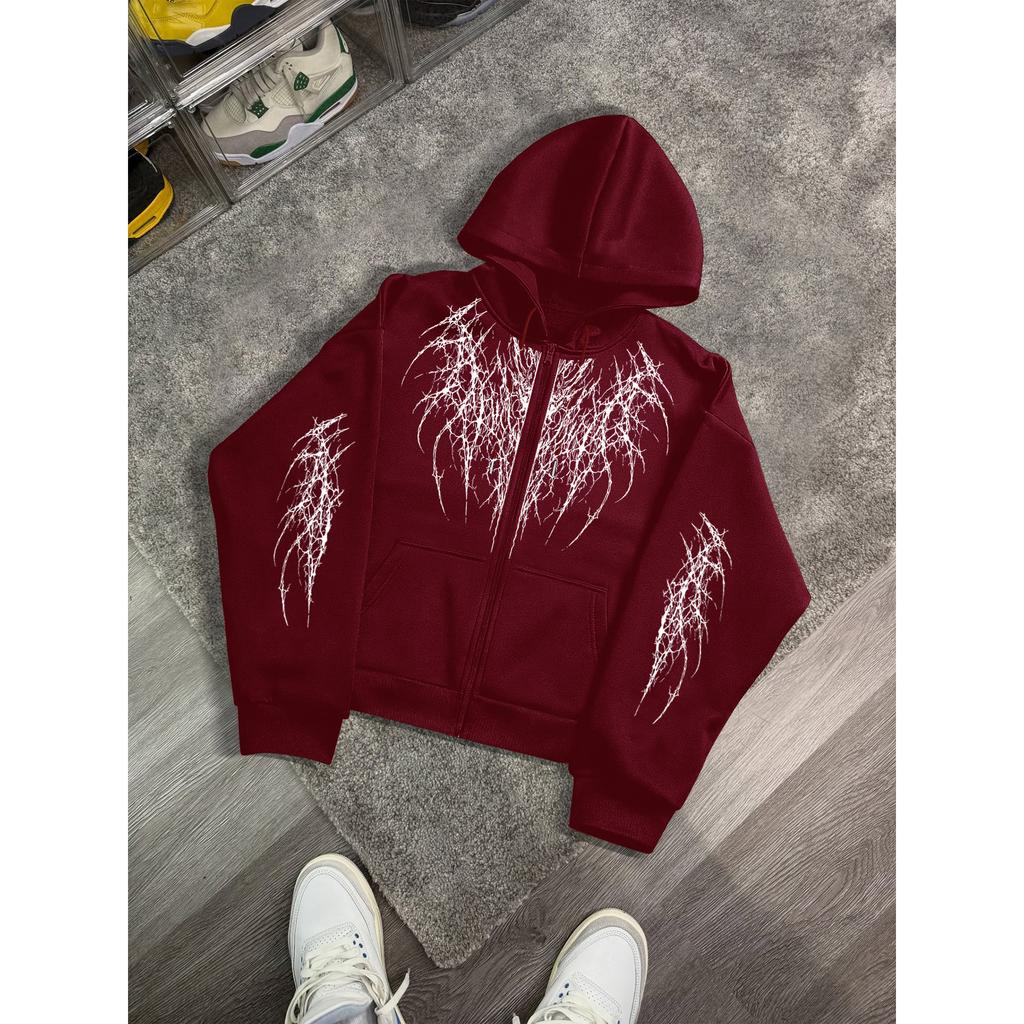 Hip-Hop Streetwear Marke: Kapuzenpullover mit 'Dark Thorns'-Print; lockerer, vielseitiger Reißverschluss-Pullover für Paare