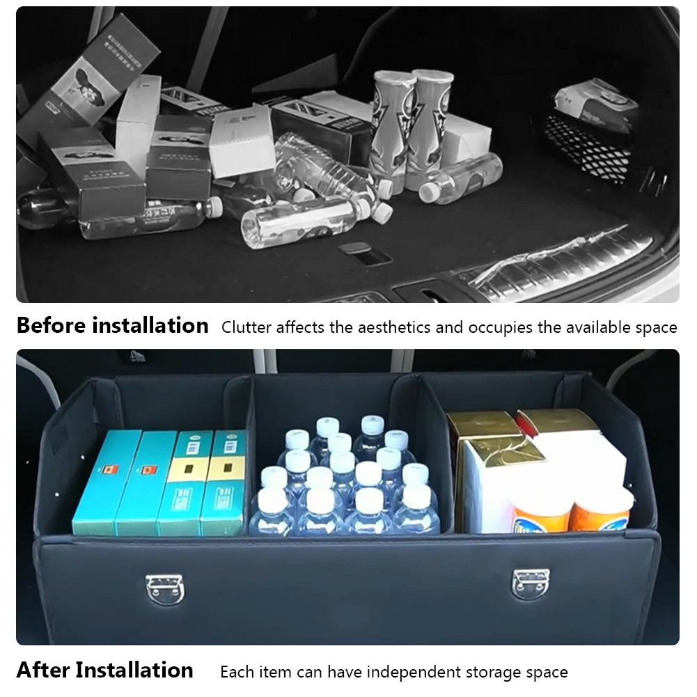 Black Leather Compartment Boot Storage Organizer Tool Car Storage Bag Car Trunk Organizer Storage Box Car Accessories Waterproof