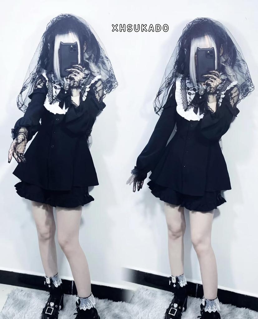 Söt Klänning med Långa Ärmar, Avtagbar Rosett och Rutig Lolita Lager-på-Lager Perfekt för och Snygg Studentelev Storlek [XHSUKADO] Dambrosch, Volanger, Spets,