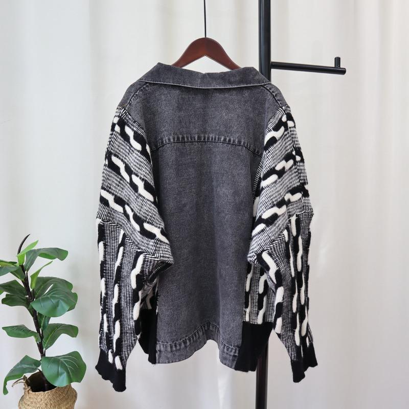 Denim splicing sweater jacket autumn and winter new design sense loose lapel contrasting color knitted cardigan women
