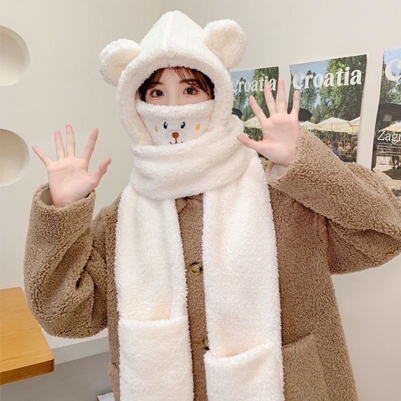 Cute bear scarf hat four-piece set four-in-one thickened thermal gloves mask scarf hat winter warm artifact