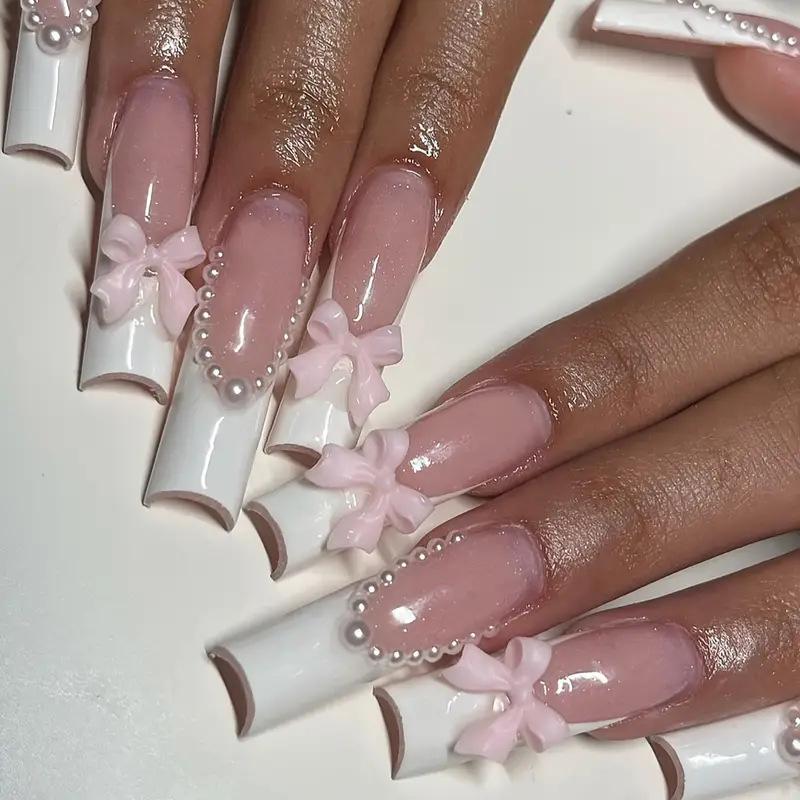 24Pcs Long French Fake Nails with Glue Ballet False Nails Butterfly Rhinestone Design Press On Nails Wearable Coffin Nail Tips