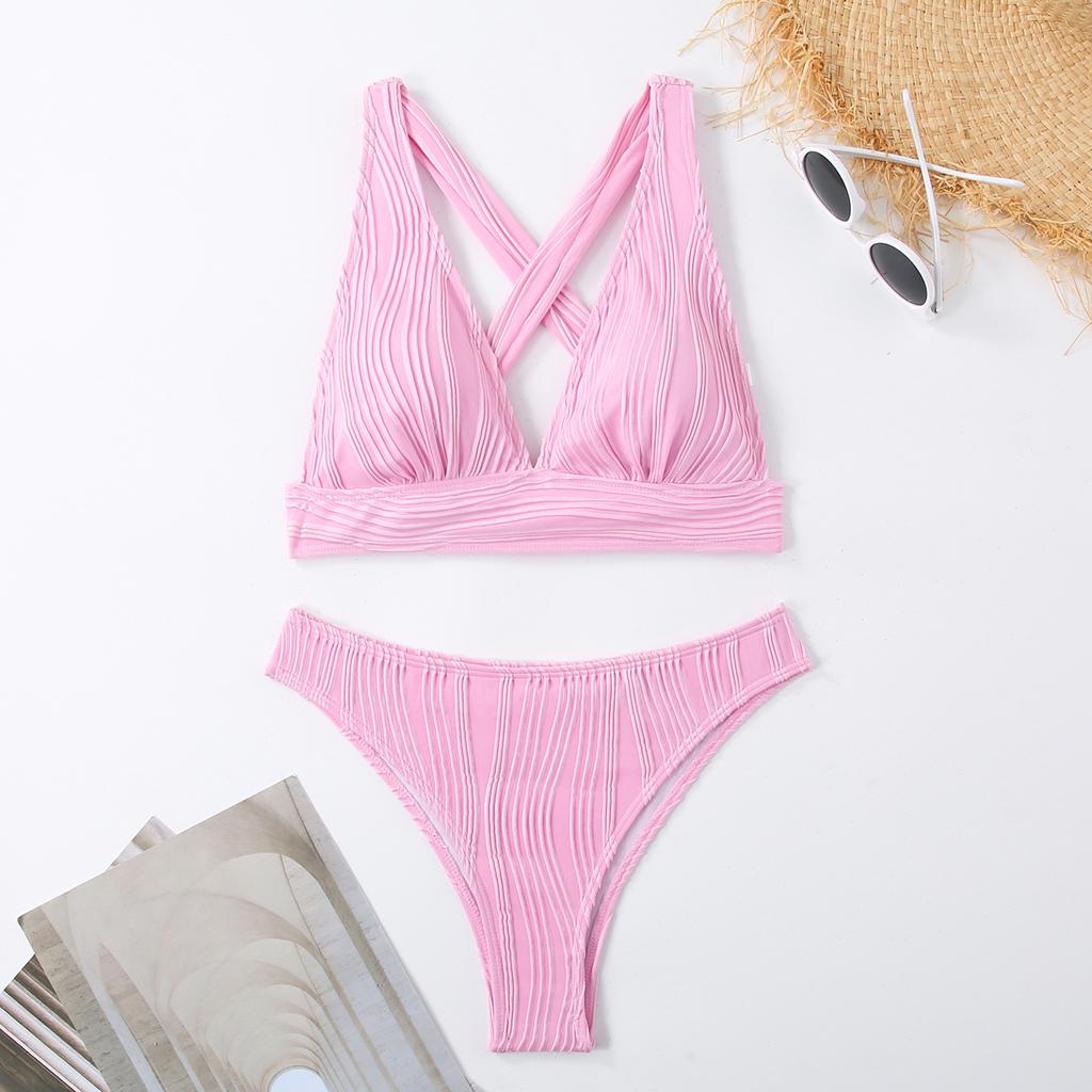 1011 European and American new swimsuit women's neck split bikini striped fabric multi-color triangular bikini