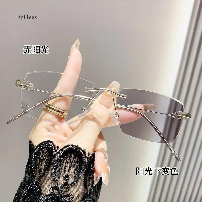 Smart Outdoor Photochromic Myopia Glasses Women Men Rimless Anti Blue Light Near-sighted Finished Diamond-cut Eyeglasses Diopter
