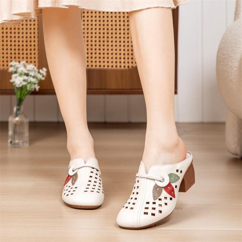 Summer sandals women's leather thick high heels flower old mother wearing bag head women's slippers