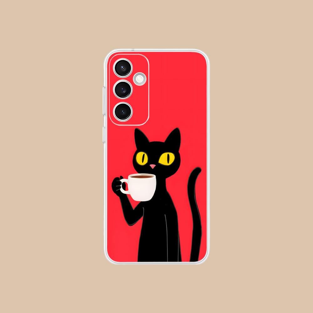 Cute Coffee Cat Clear Mobile Phone Case for Samsung Galaxy S25 S24 S23 S22 S21Plus FE Ultra Colorful Cover
