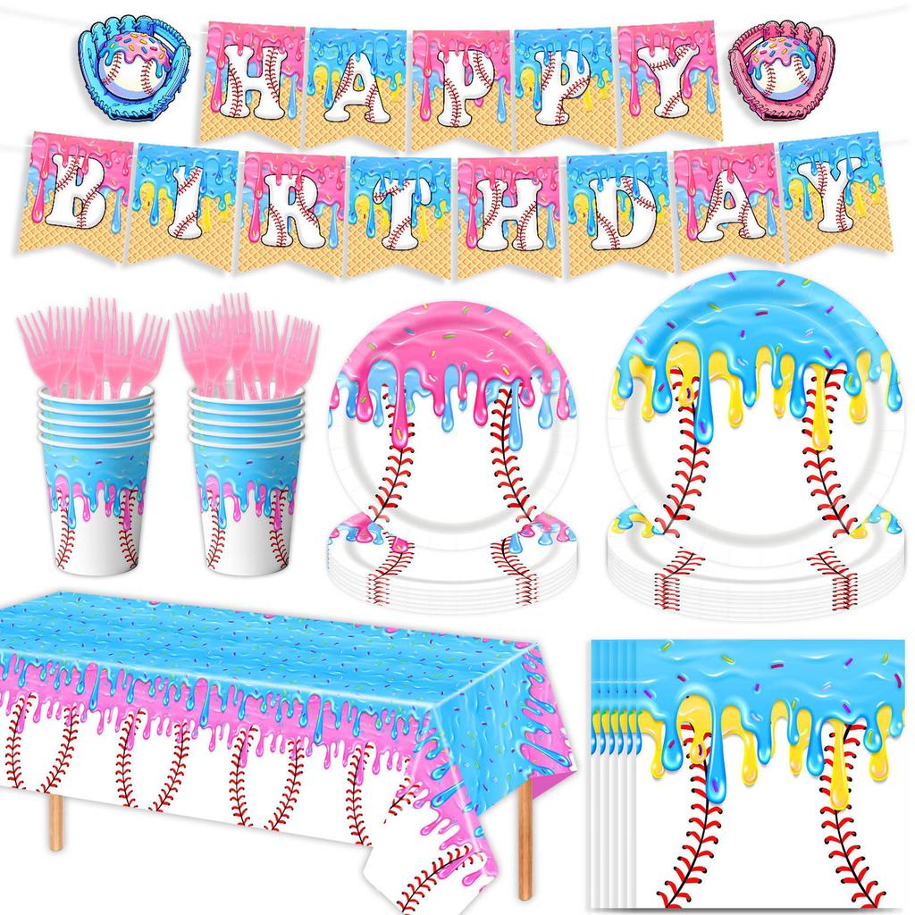Ice Cream Baseball Girl Birthday Party Tableware Set - Plates, Cups, Flags, Tablecloth, Decorations