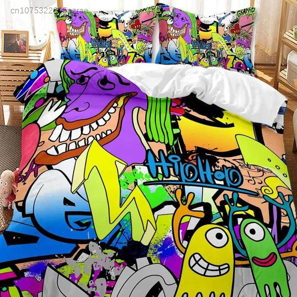 3D Colourful Street Graffiti Printed Duvet Cover Set 2 Pieces, Microfiber Bedding Set Zipper, Quilt Cover With 1 Pillowcases