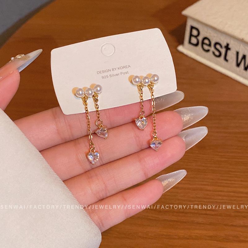 Exquisite flash zirconium love pearl fringed earrings women s light luxury design earrings high-end temperament earrings wholesale