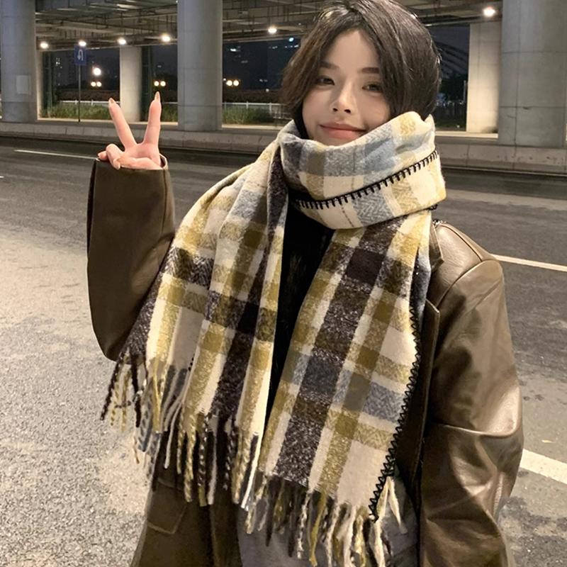 Knitted Retro Scarf Headscarf Winter Women Men Preppy Plaid Tassel Warm Scarve Pashmina Mujer Femme Male Long Wrap Shawl Unisex
