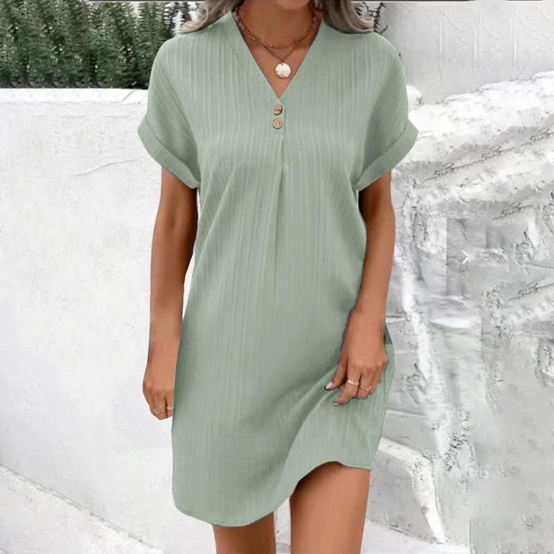 IHUASU Fashion Summer Spring Solid Color Print Short Sleeve V-Neck Casual Dresses Unique Design