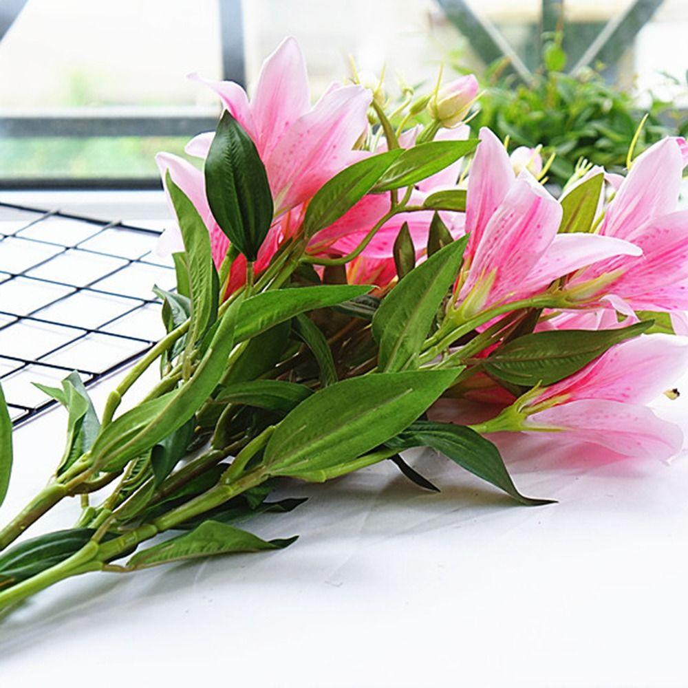 DIY Long Stem 6 Heads Real Looking Wedding Artificial Flower Fake Plant Faux Lilies Bouquet Branch