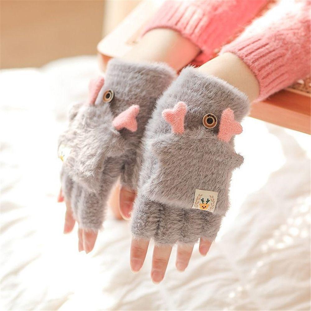Half-Finger Flip Winter Gloves Soft Antlers Knit Mittens Cute Student Writing Gloves