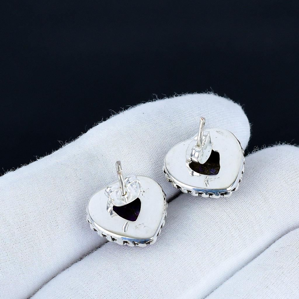 Purple Spiny Turquoise Earrings | 925 Sterling Silver Stud Earrings | Handmade Gemstone Love Studs Heart Earrings | Boho Jewelry Christmas Gift
