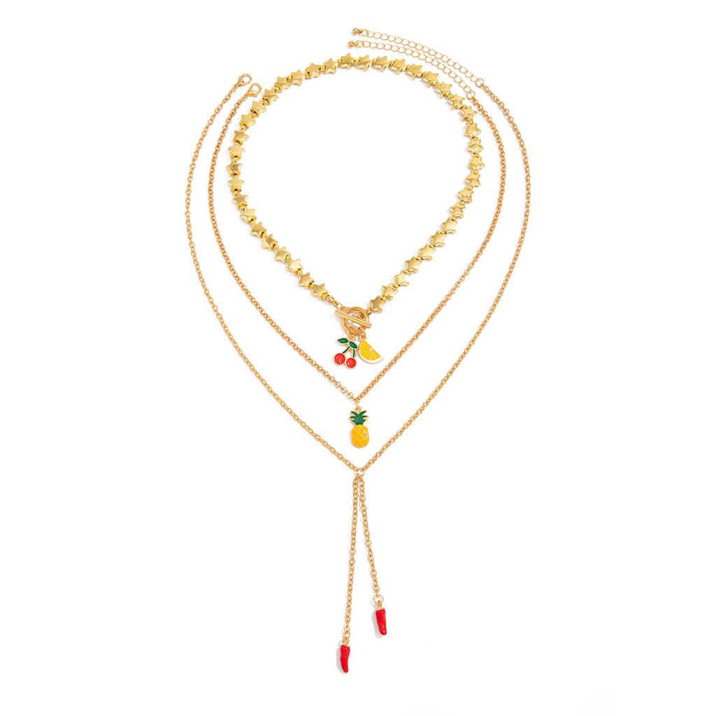 Creative Dripping Cherry Pineapple Fruit Necklace, Fashionable Pentagram Beaded Necklace For Women
