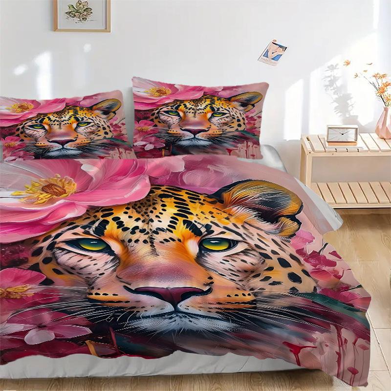 

3pcs Leopard Floral Print Duvet Cover Set, Cover For Bedroom Guest Room (1 Duvet Cover + 2 Pillowcase, Without Quilt), yy250922172 135x200cm
