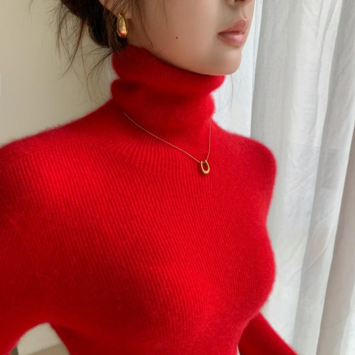 Вязаный свитер с воротником-стойкой для женщин приталенный крой с шерстяной подкладкой облегающая базовая модель с высоким воротником бесшовный свитер для женщин XL 1860₽