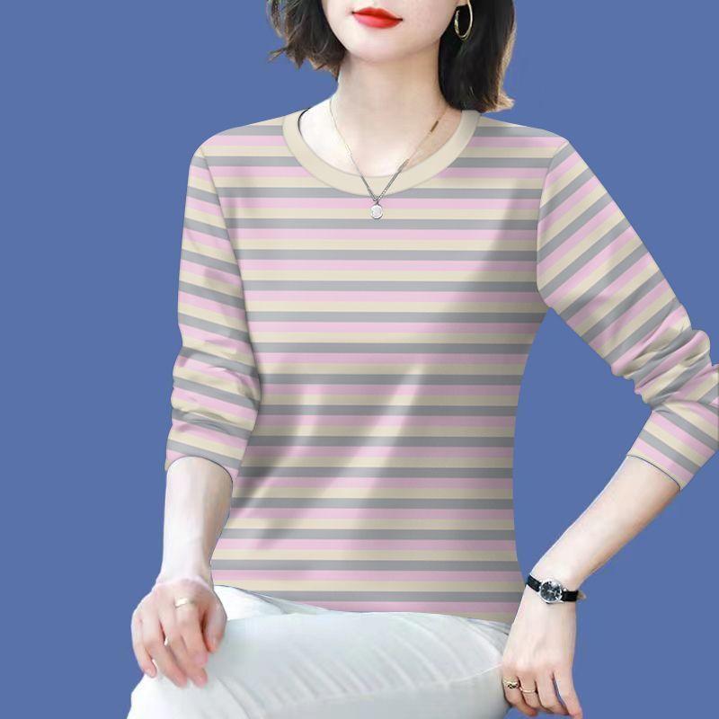 Striped Long Sleeve T-Shirt Polyester Round Neck Loose Fit