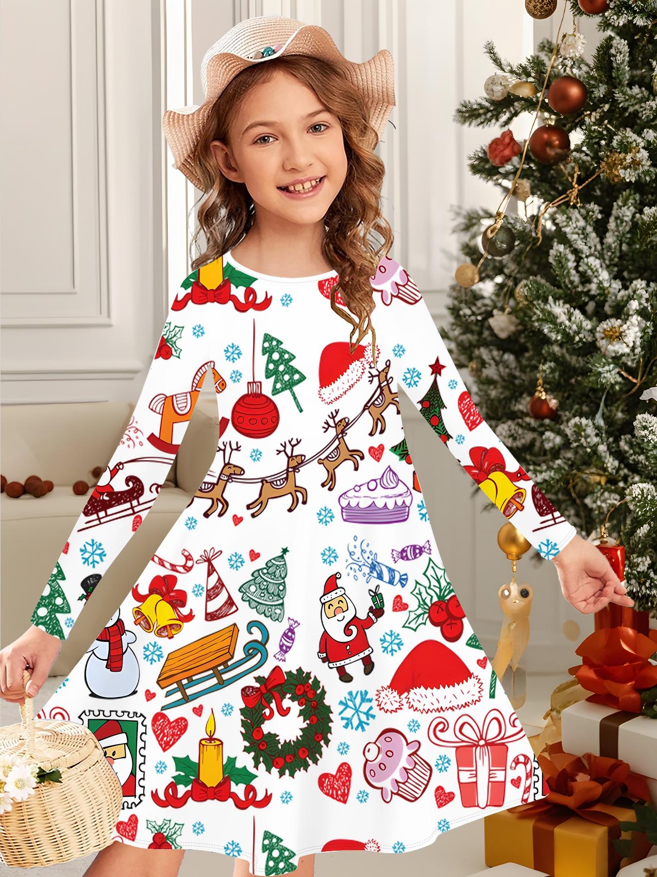 

Модное осенне-зимнее платье для девочек, 3D Рождественский принт, Круглый вырез, Длинное детское платье-футболка, Повседневное универсальное, Рождественская одежда 150 белый