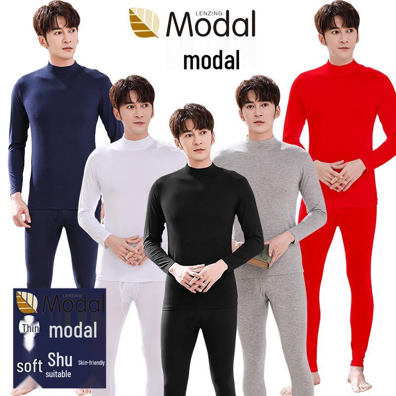 Men's Modal Half-High Neck Shirt and Trousers Warm Underwear Set - Autumn/Winter Base Layer Knitwear