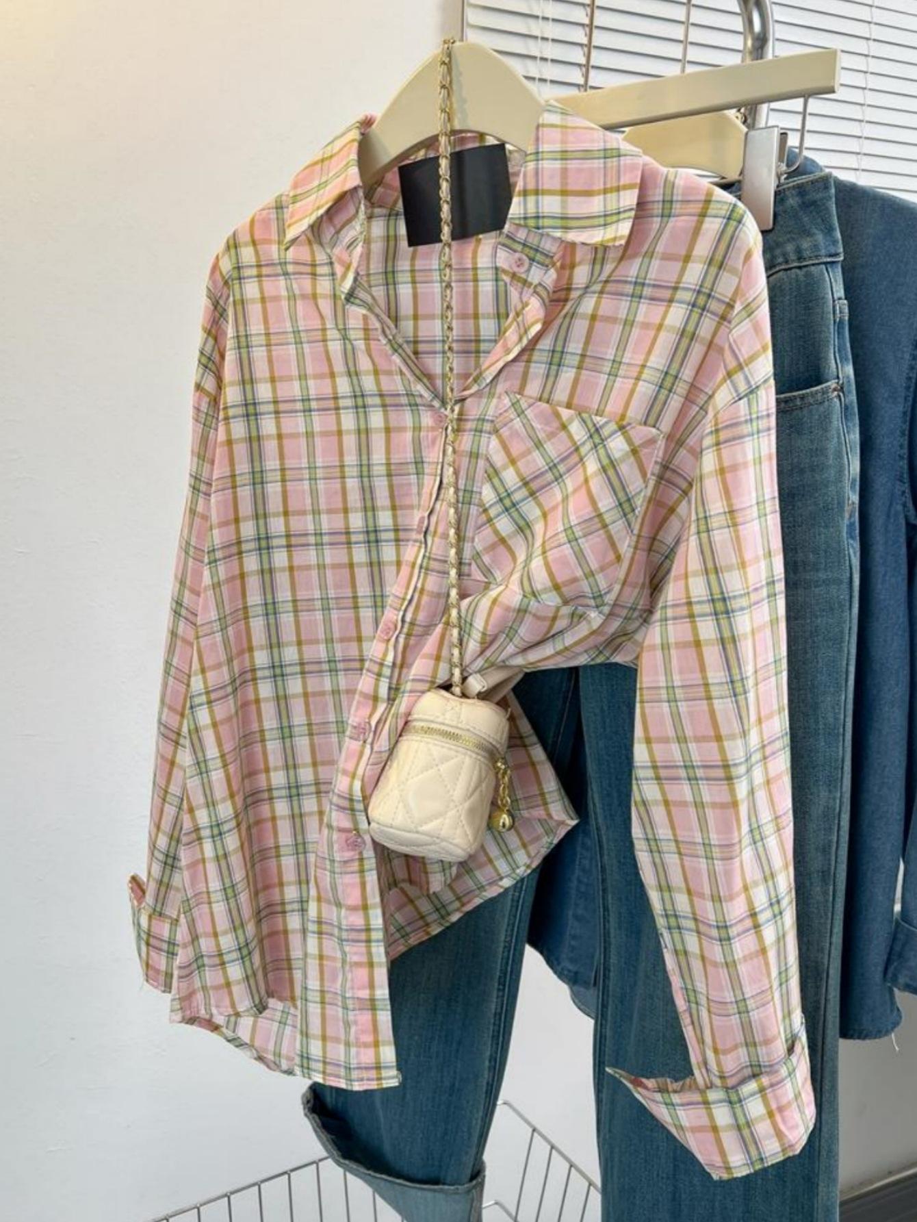 

Women s Plaid Long Sleeve Layering Shirt Jacket L рожевий