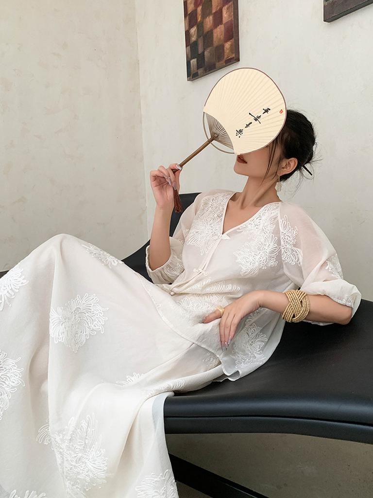 Summer New Tea Style Outfit Chiffon Chinese Traditional Folk Style Fashion Fresh Travel Set Dress