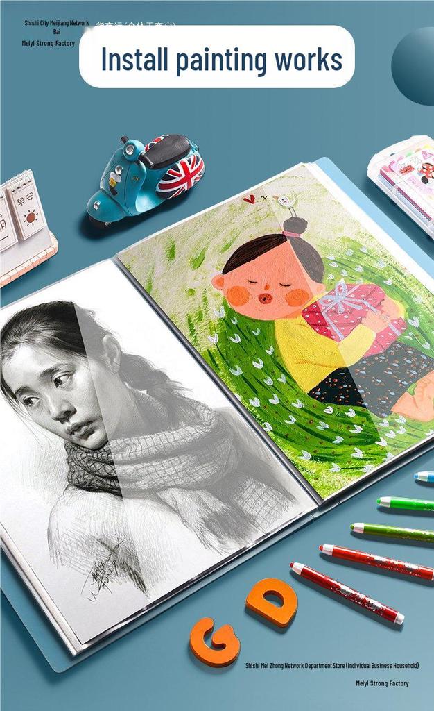 Kunst- und Skizzenkollektion für Kinder: 2 Fotoalben, Aufbewahrung für Zeichnungen, Klammern für Papier/Poster, 3 Malbücher