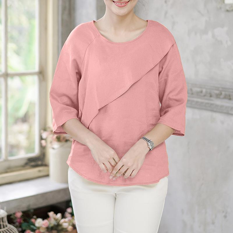 ZANZEA Bluză casual de vară pentru femei, cu gât rotund, culoare uni, mâneci 3/4