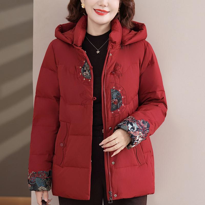 Plus Size Middle Age Women's Winter Down Jackets Hooded Thick Warm Embroidery Down Coats Woman Outerwears