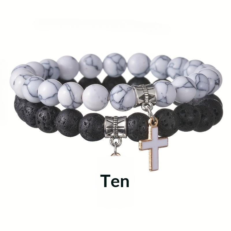 

2Pcs Set Trendy Nature Stone Cross Beaded Bracelets For Men Vintage White Turquoise Volcanic Stone Men S Beaded Bracelets Gifts A2