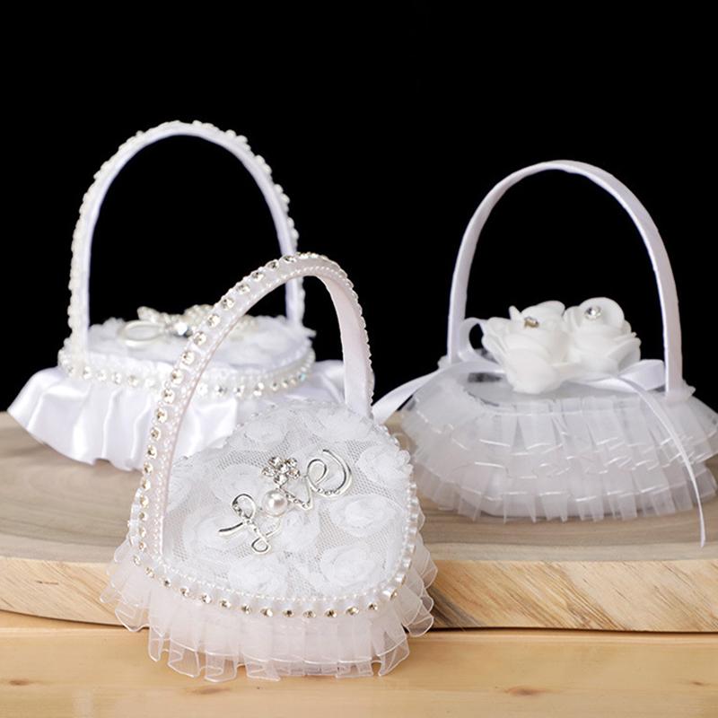 WTEMPO Elegant Wedding White Flowers Baskets Lace-trimmed Wedding Baskets Hand-held Flower-scattering Large Fake Flowers Decor Small Baskets
