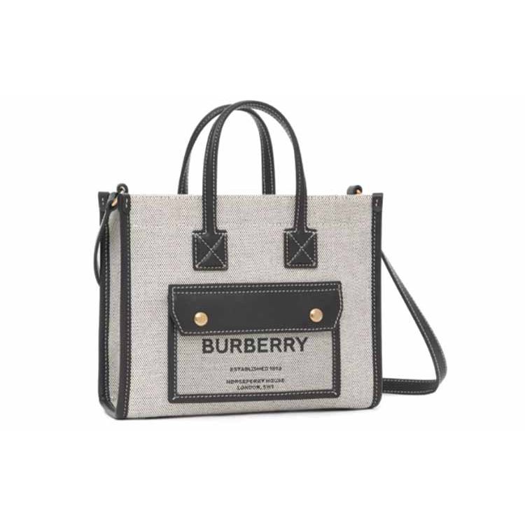 Burberry Freya Large Adjustable Strap Cotton And Calfskin Tote Bag Women Tote Bags Black Gray 80441421