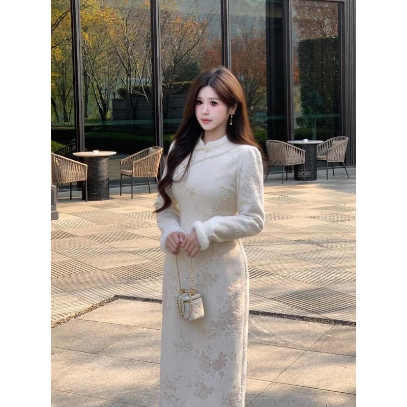 Plus Size New Chinese Style Off-White Jacquard Qipao Dress