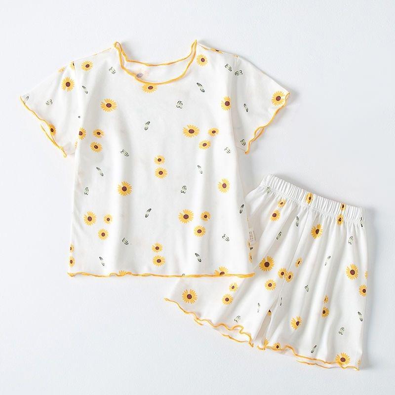

Летний комплект из топа и шорт с короткими рукавами для маленьких девочек, тонкая домашняя одежда из ледяного шелка, детская одежда, комплект из двух предметов 90