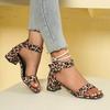New Women's Sandals Leopard Prin Square Heel Heel Wrap One-line Buckle Women Shoes Leisure Roman Square Toe Sandalias De Mujer