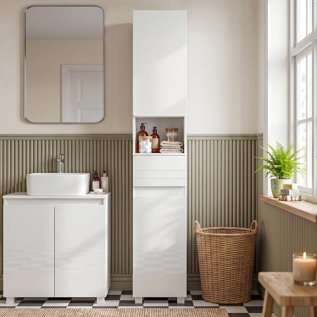 Bathroom Cabinet, 2 Doors, Drawer, Open Shelf, Adjustable Shelves, 30 x 30 x 170 cm, White