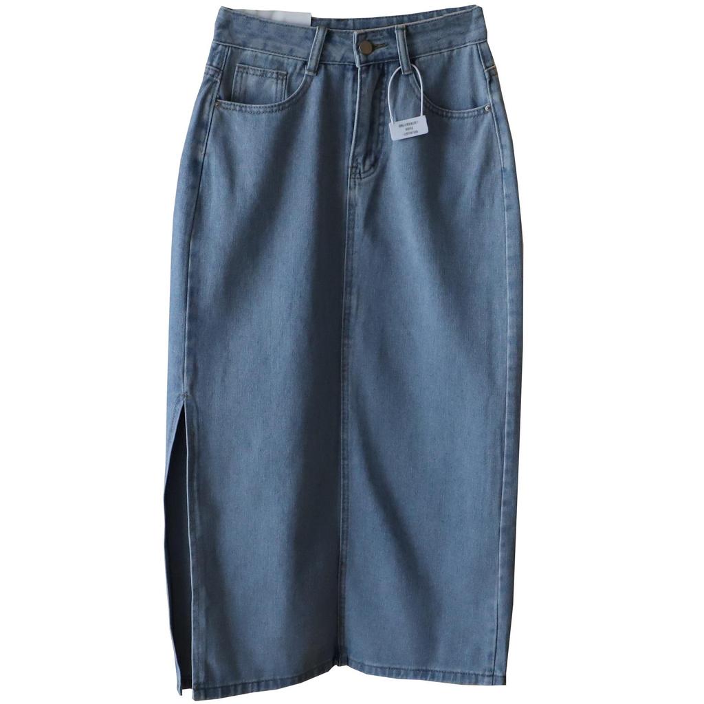 Denim Pencil Maxi Skirt with Side Slit - 2025 Spring/Summer Korean Style