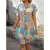Damen Sommer Elegantes Geometrisches Muster V-Ausschnitt Kurzarm Midi-Kleid