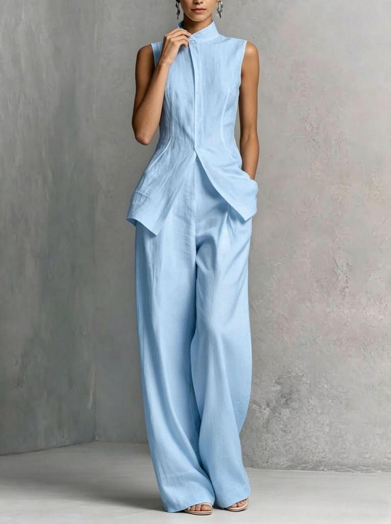 European-American Cotton Linen Drape Sleeveless Shirt & Long Pants Fashion Set