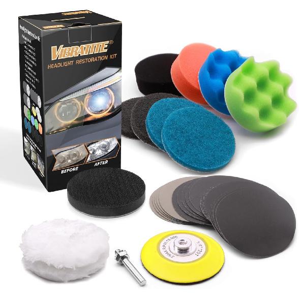 VIBRATITE Car Headlight Restoration Kit, 3 Inch Car Polishing Sanding Discs With 1/4 Inch Shank Backing Pad, Scouring Pads, Buffing Sponge Pads, Soft