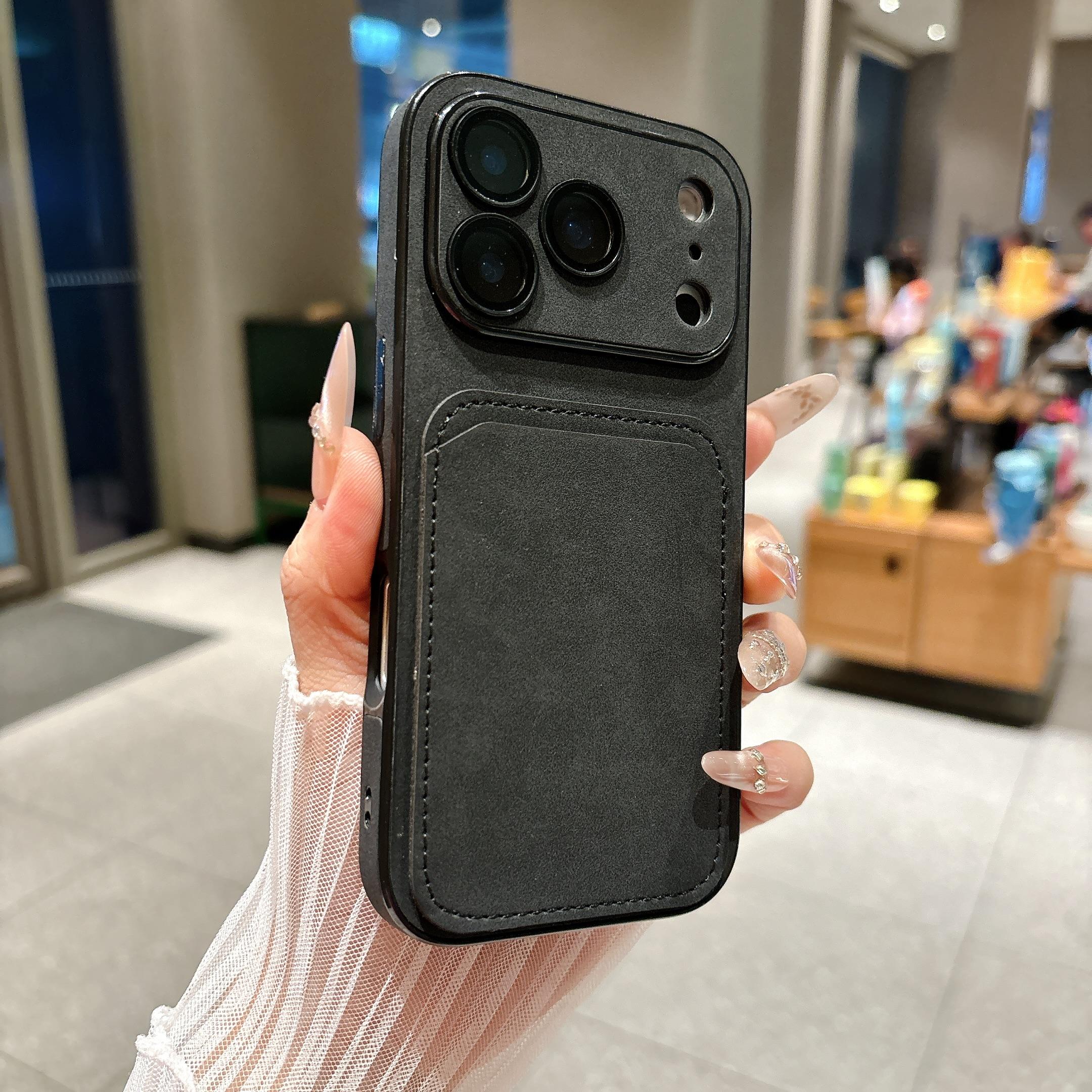 

Кошелек Держатель для карт Замша Кожаный Чехол для телефона Для iPhone 17 16 15 14 13 Plus Pro Max Бизнес Вставка для карты Матовый Стеклянная крышка для объектива iPhone 16 чёрный