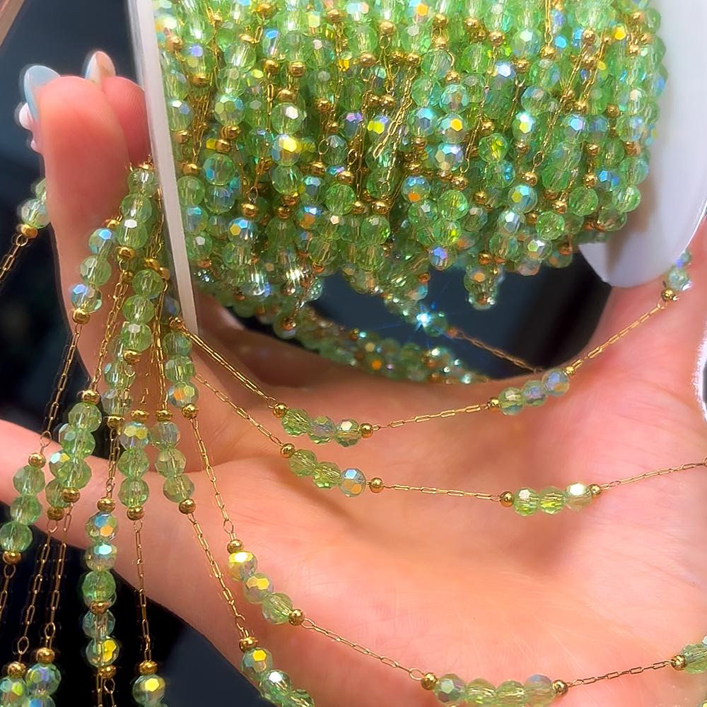 1Meter Stainless Steel Green Crystal Beads Bracelet Chains for Jewelry Making DIY Shiny Necklace Jewelry Beaded Chain Supplies