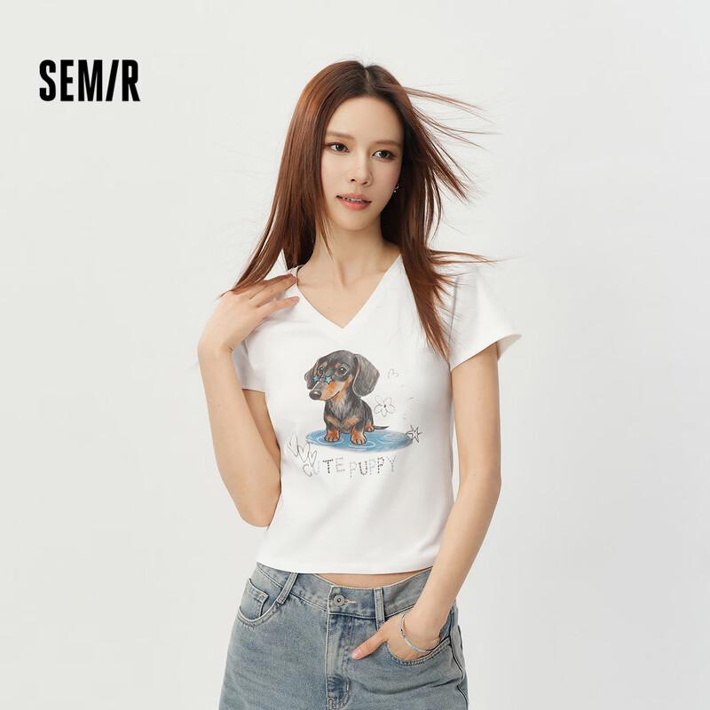 Semir Women s Puppy Print Slim V-neck T-shirt S