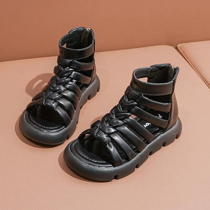 2024 Summer New Korean Style Kids Fashion Sandals Children's Fashion Weave Back Zipper Girls Roman Shoes Classic Open-toe Casual