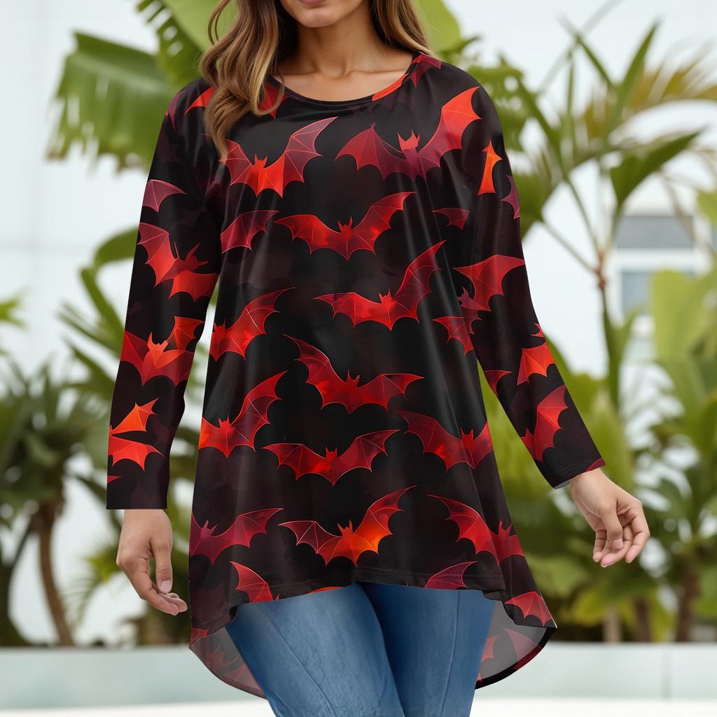 Women's Fashion Large Size Round Neck Long Sleeve Casual Halloween Print Loose Pullover Top